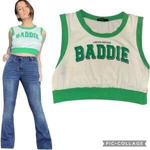 JULIA LOVEJ Limited Edition BADDIE SIZE large white cropped tank top green trim​